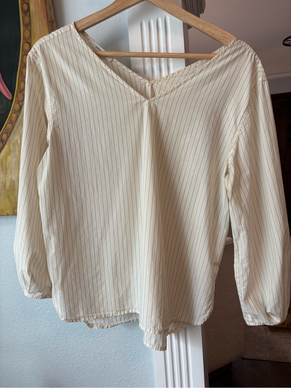 Japanese Cotton Sheer Pinstripe V-Neck Blouse 100% cotton in Cream - Picture 3 of 8